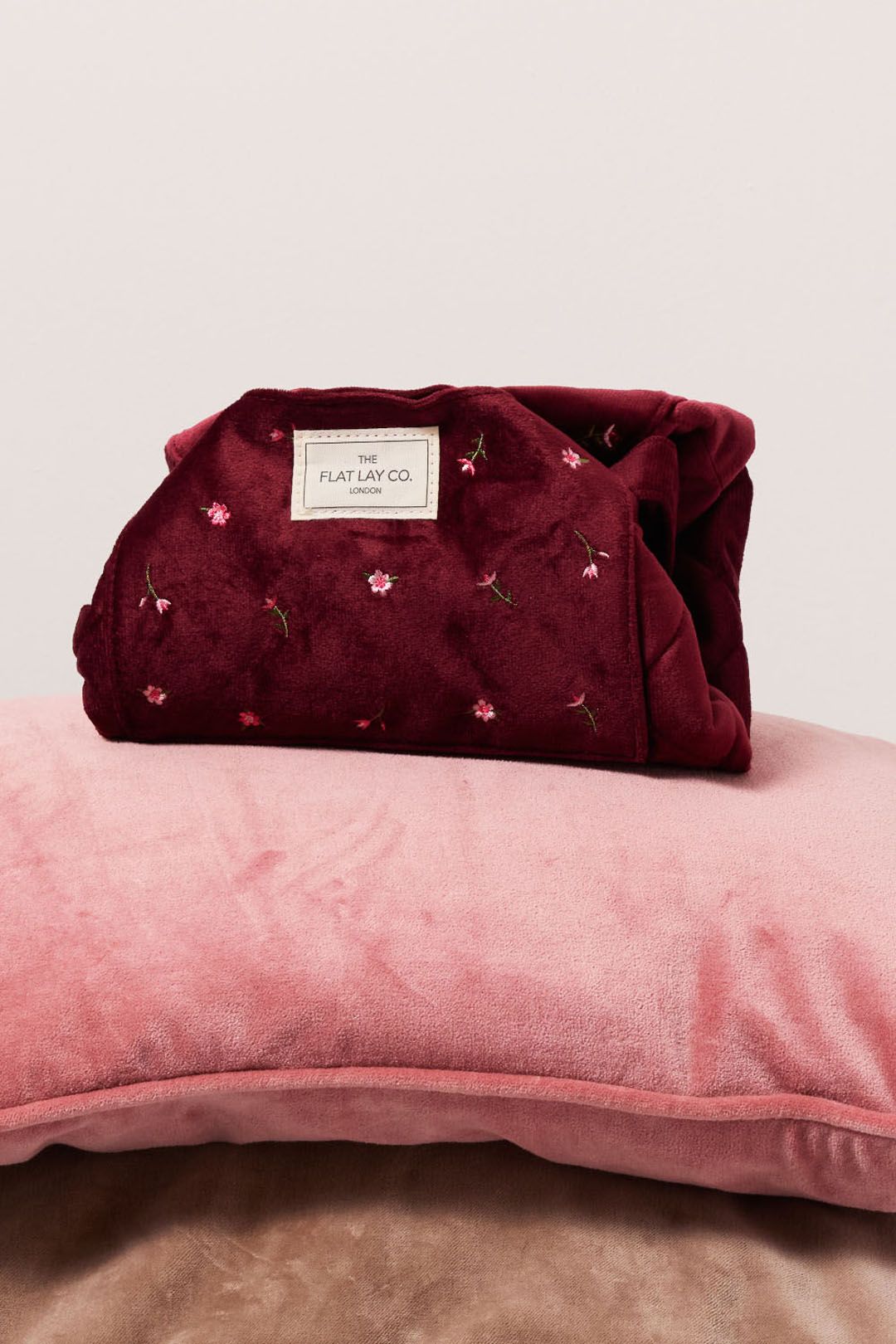 The Flat Lay Co Drawstring Makeup Bag - Ditsy Roses & Flowers Burgundy Embroidered Velvet Multi image 9