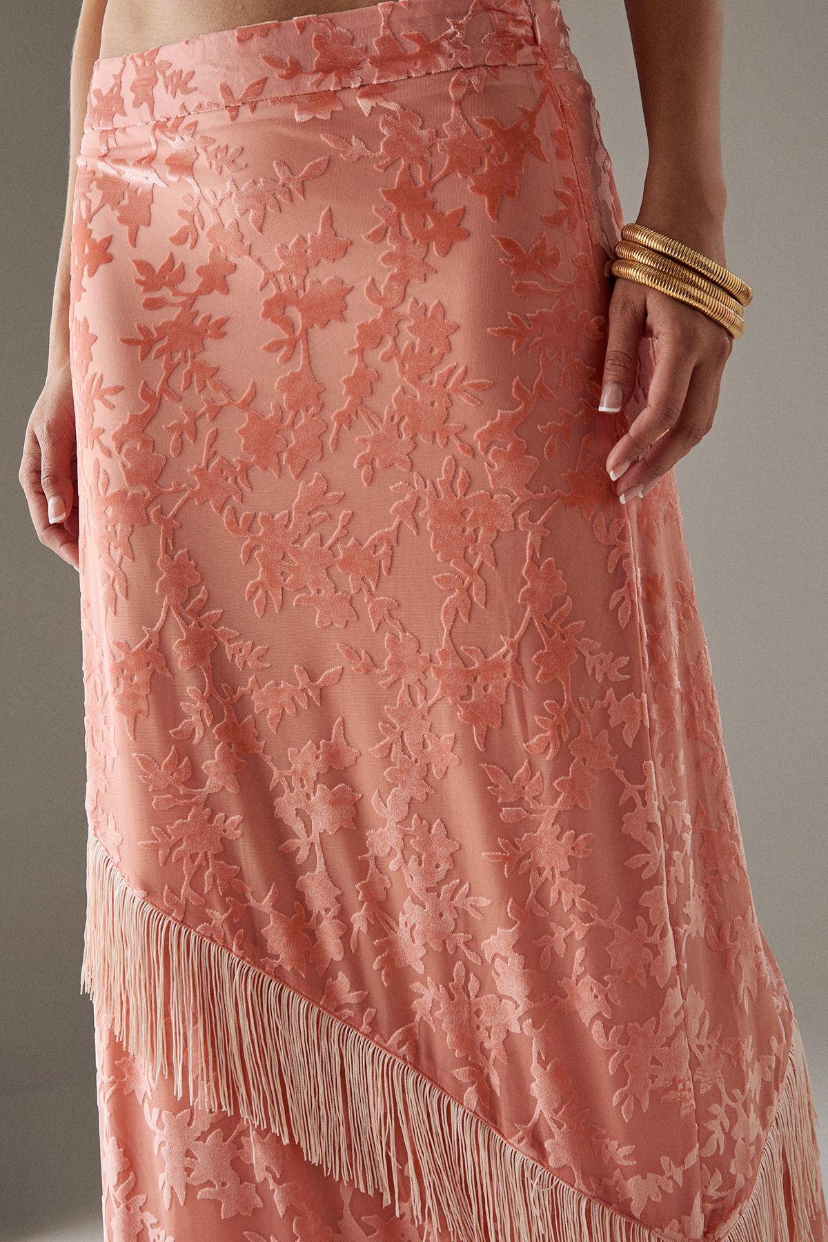 Warehouse Devore Fringe Detail Midi Skirt Pink image 4