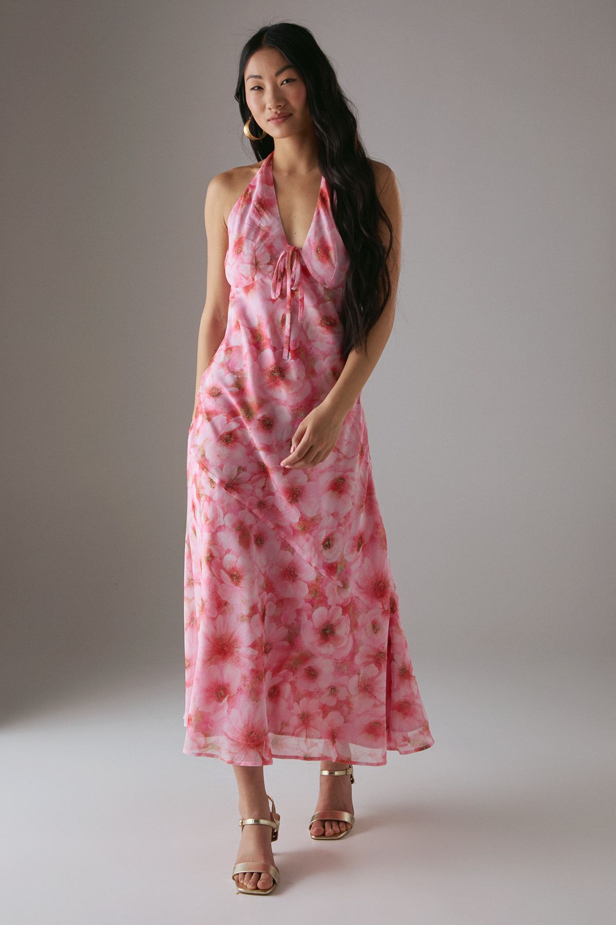 Warehouse Petite Chiffon Bias Tie Front Low Back Halter Midi Dress Pink image 1