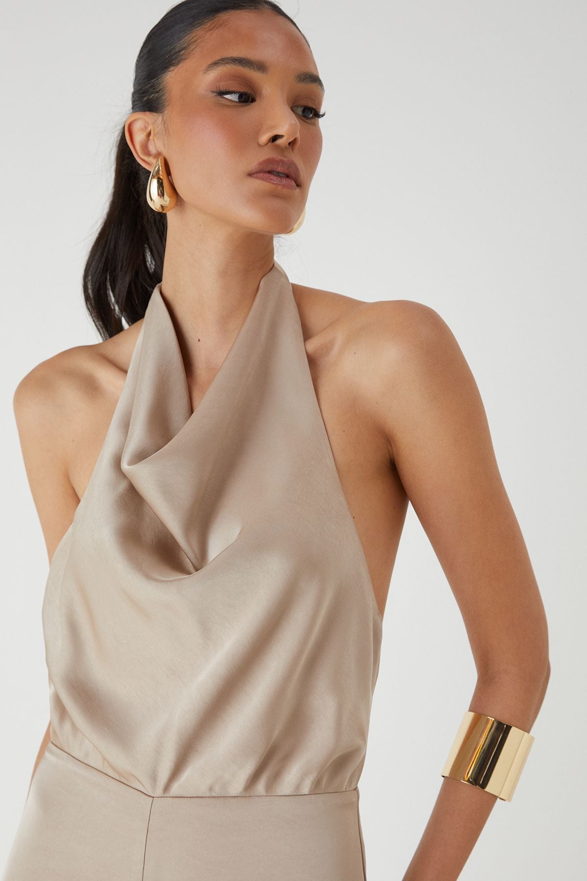 MissPap Satin Cowl Neck Wide Leg Jumpsuit Bronze image 3