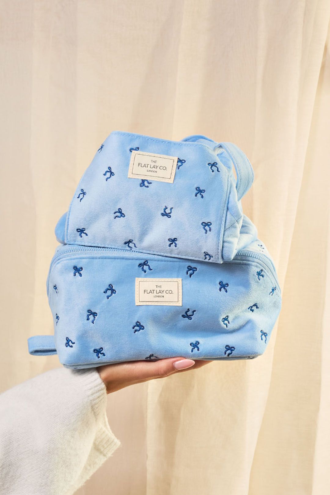 The Flat Lay Co Makeup Box Bag - Ditsy Bows Blue Embroidered Velvet Multi image 10