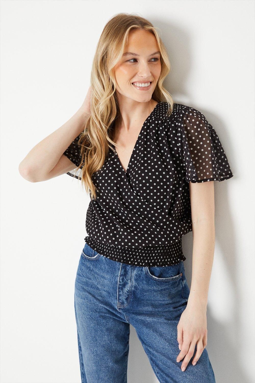 Dorothy Perkins Spot Chiffon Shirred Hem Wrap Blouse Black image 4