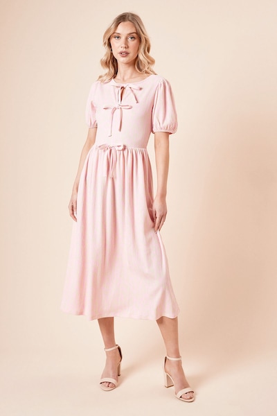 Dorothy Perkins Pink Animal Bow Tie Front Puff Sleeve Jersey Midi Dress Pink