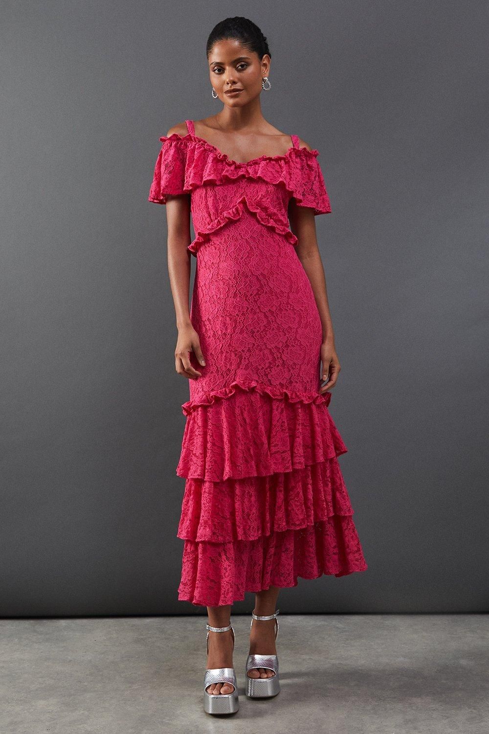 Warehouse Corded Lace Ruffle Fallen Shoulder Midi Dress Pink image 1