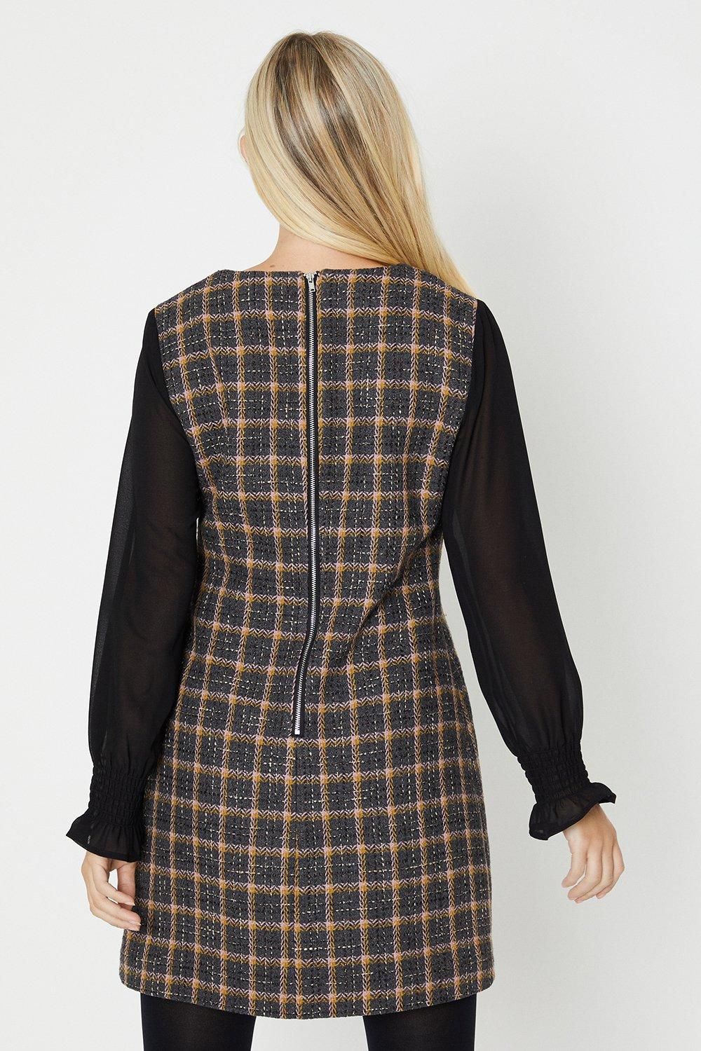 Oasis Petite Chiffon Sleeve Check Boucle Dress Blue image 3