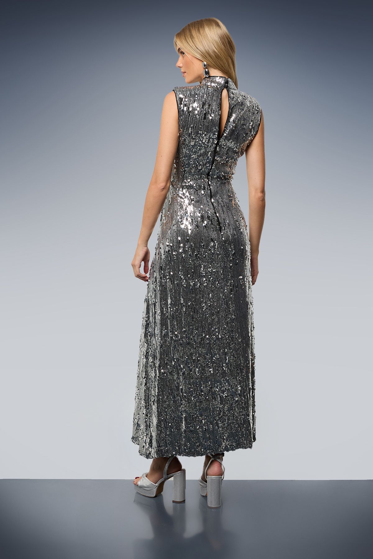 Oasis Sequin Lace Insert High Neck Shoulder Pad Midi Dress Pewter image 3