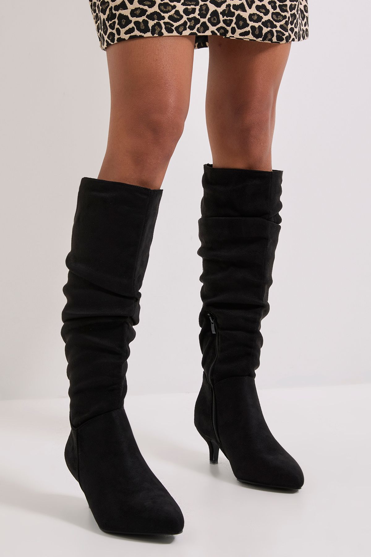Dorothy Perkins Khloe Faux Suede Kitten Heel Knee High Ruched Boots Natural Black image 1