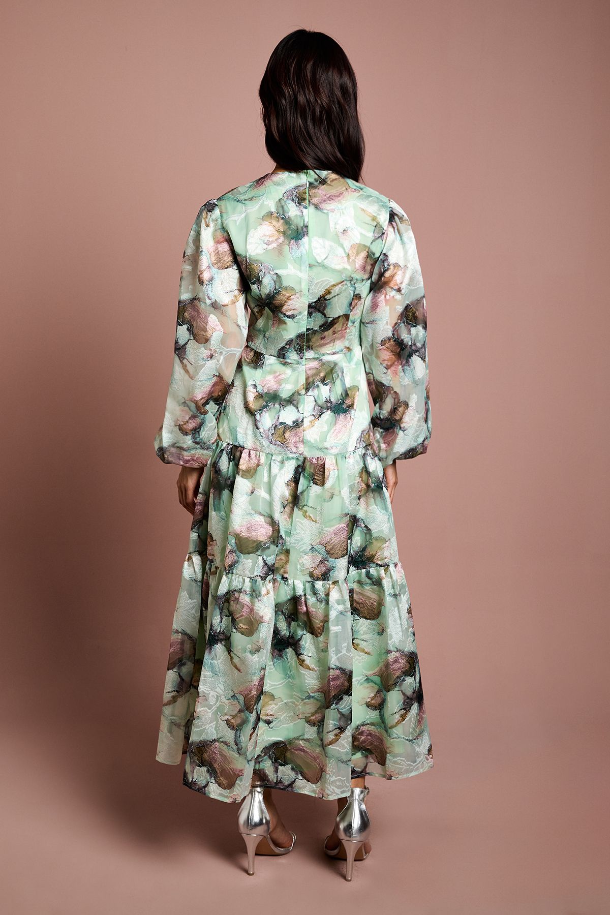 Coast 3/4 Puff Sleeve Printed Jacquard Midaxi Dress Sage image 3