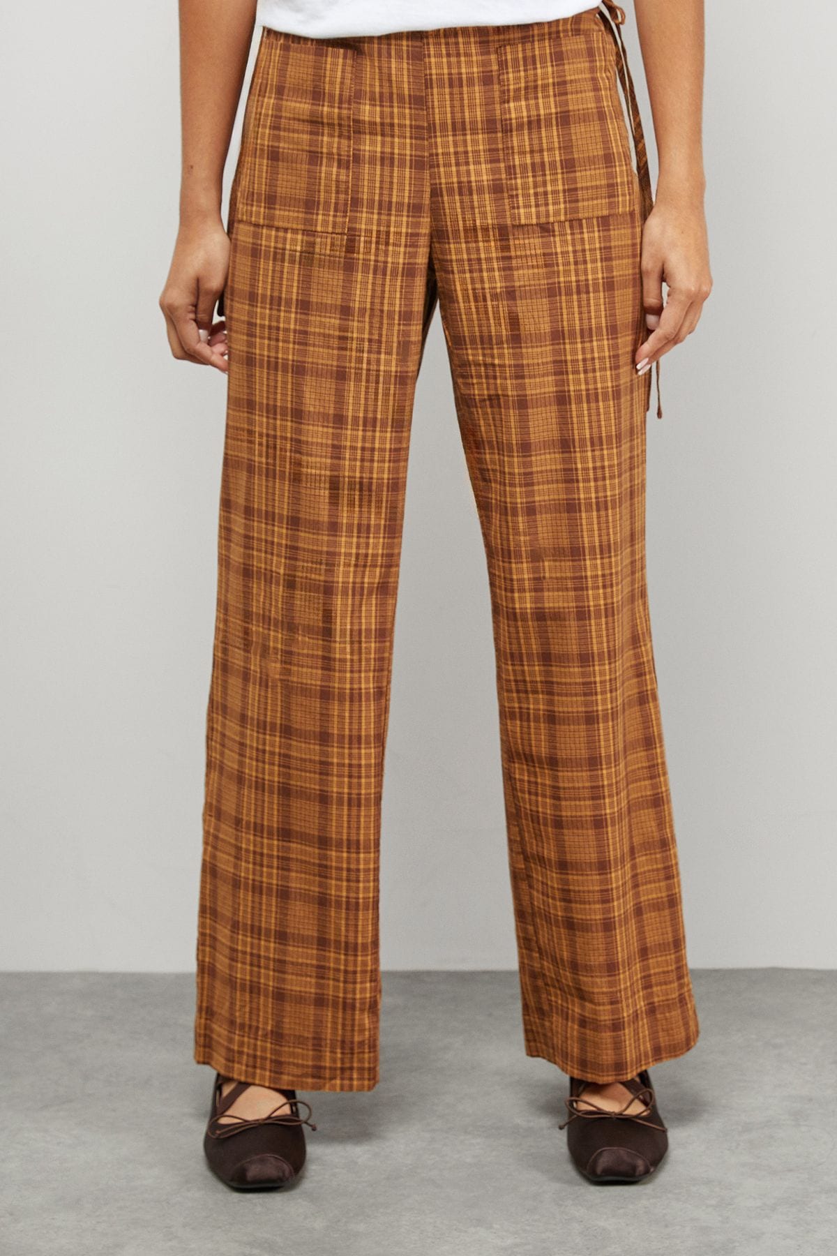 Warehouse Mustard Check Mid Rise Tie Side Pocket Trouser Mustard image 1