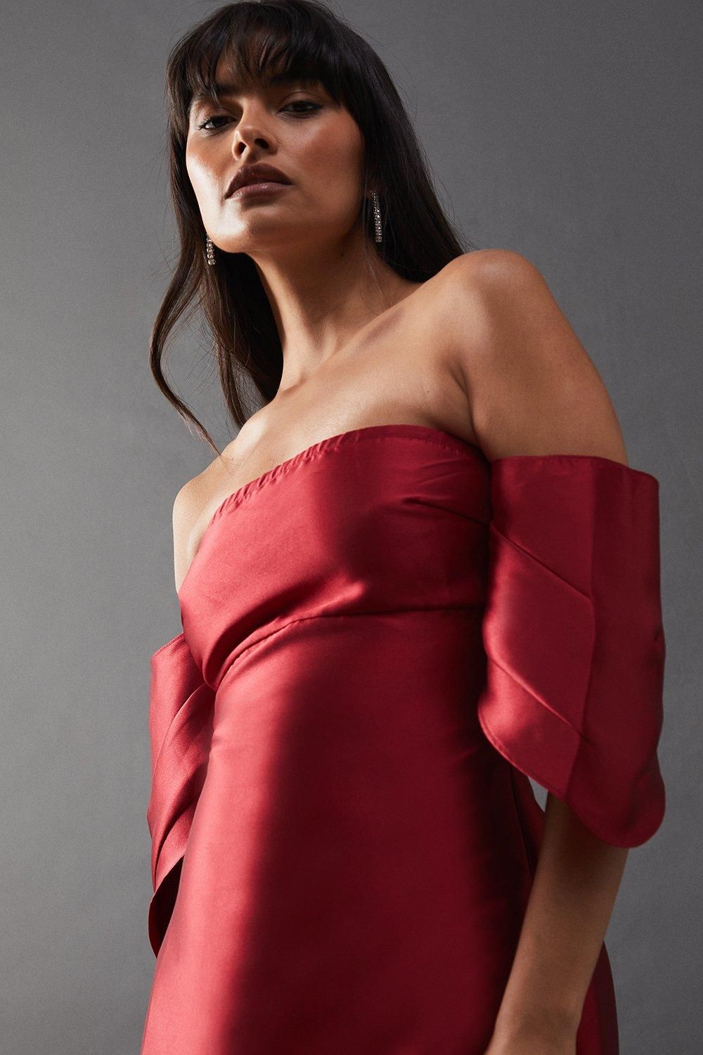 Warehouse Structured Puff Sleeve Bardot Midi Dress Dark Red image 4