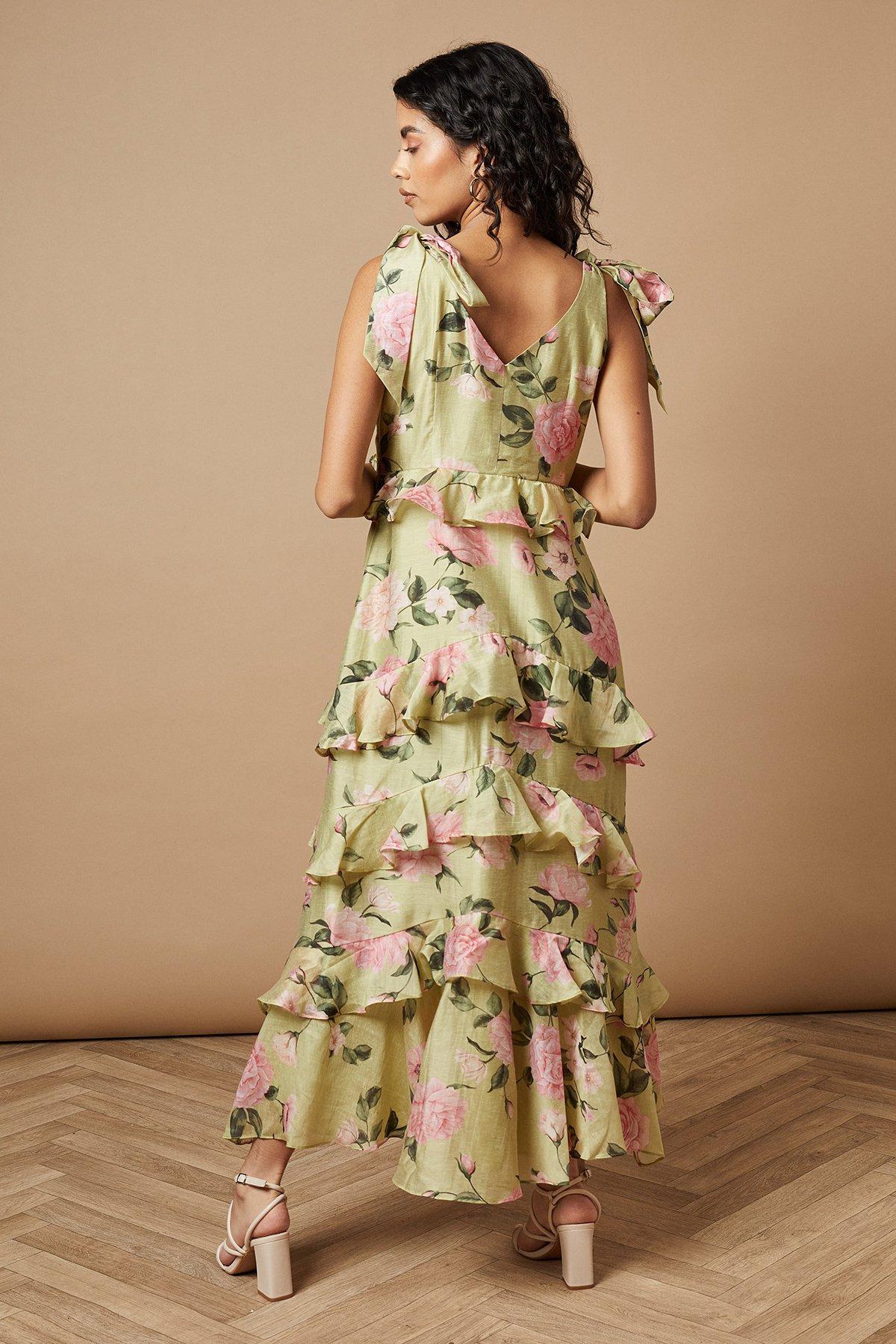 Oasis Petite Floral Printed Tiered Ruffle Tie Shoulder Midi Dress Sage image 3