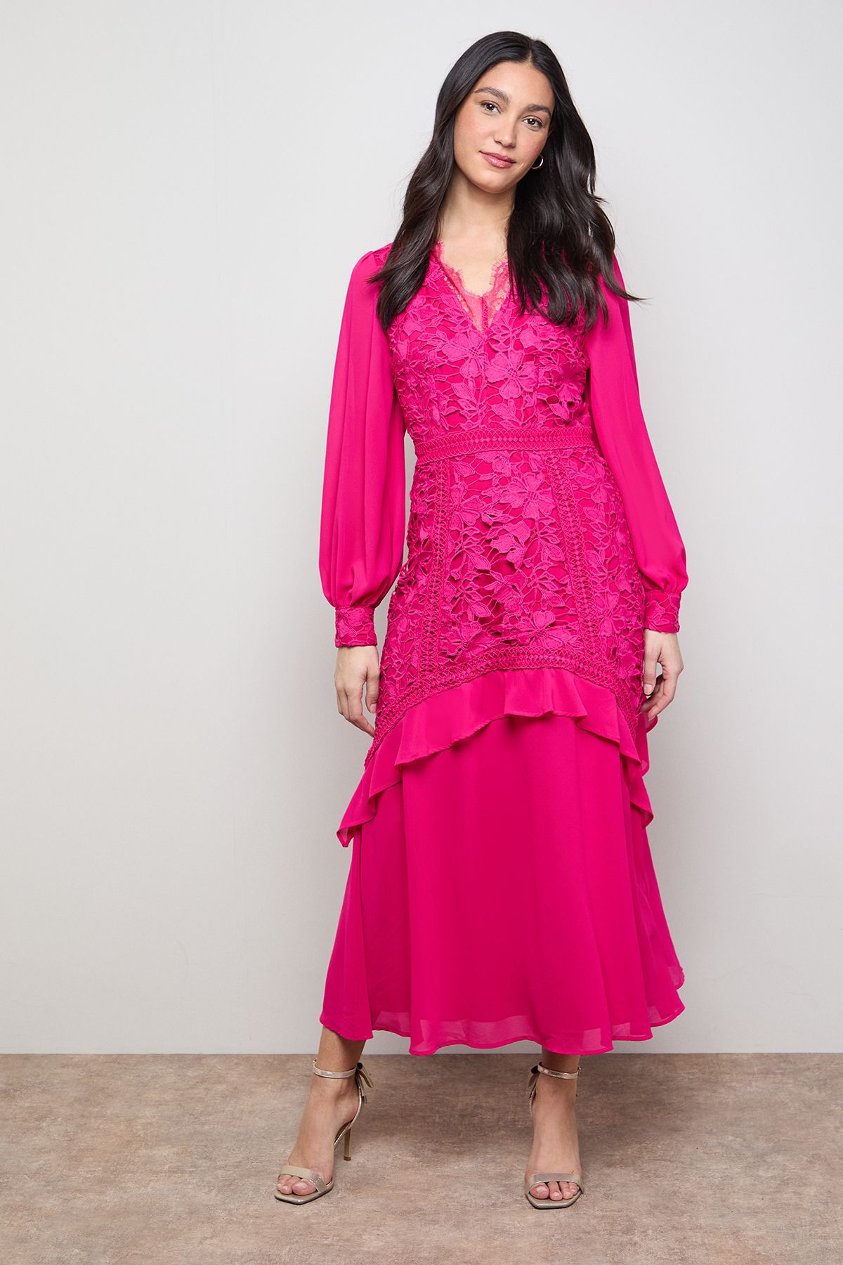 Oasis Lace Puff Sleeve V Neck Midaxi Dress Fuchsia image 1