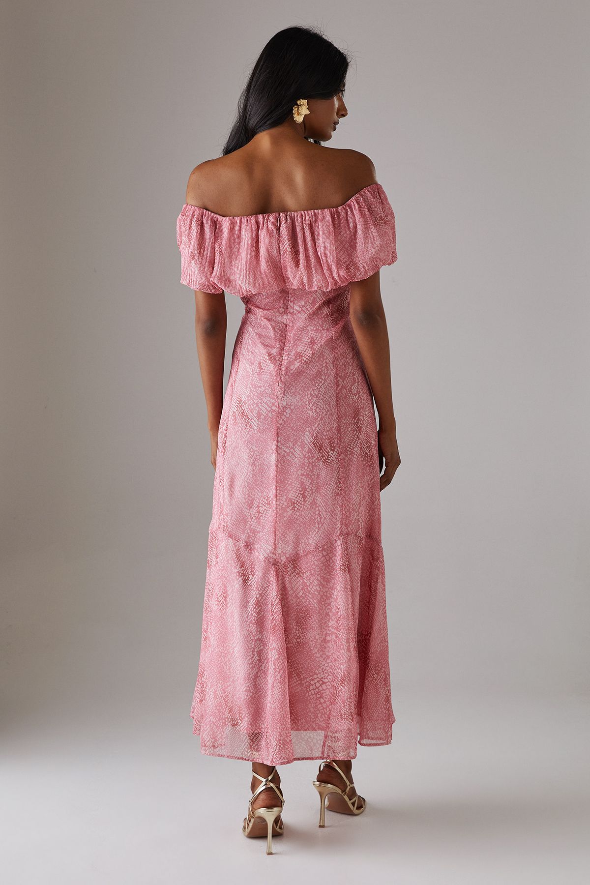 Warehouse Chiffon Bardot Godet Insert Milkmaid Midi Dress Pink image 3