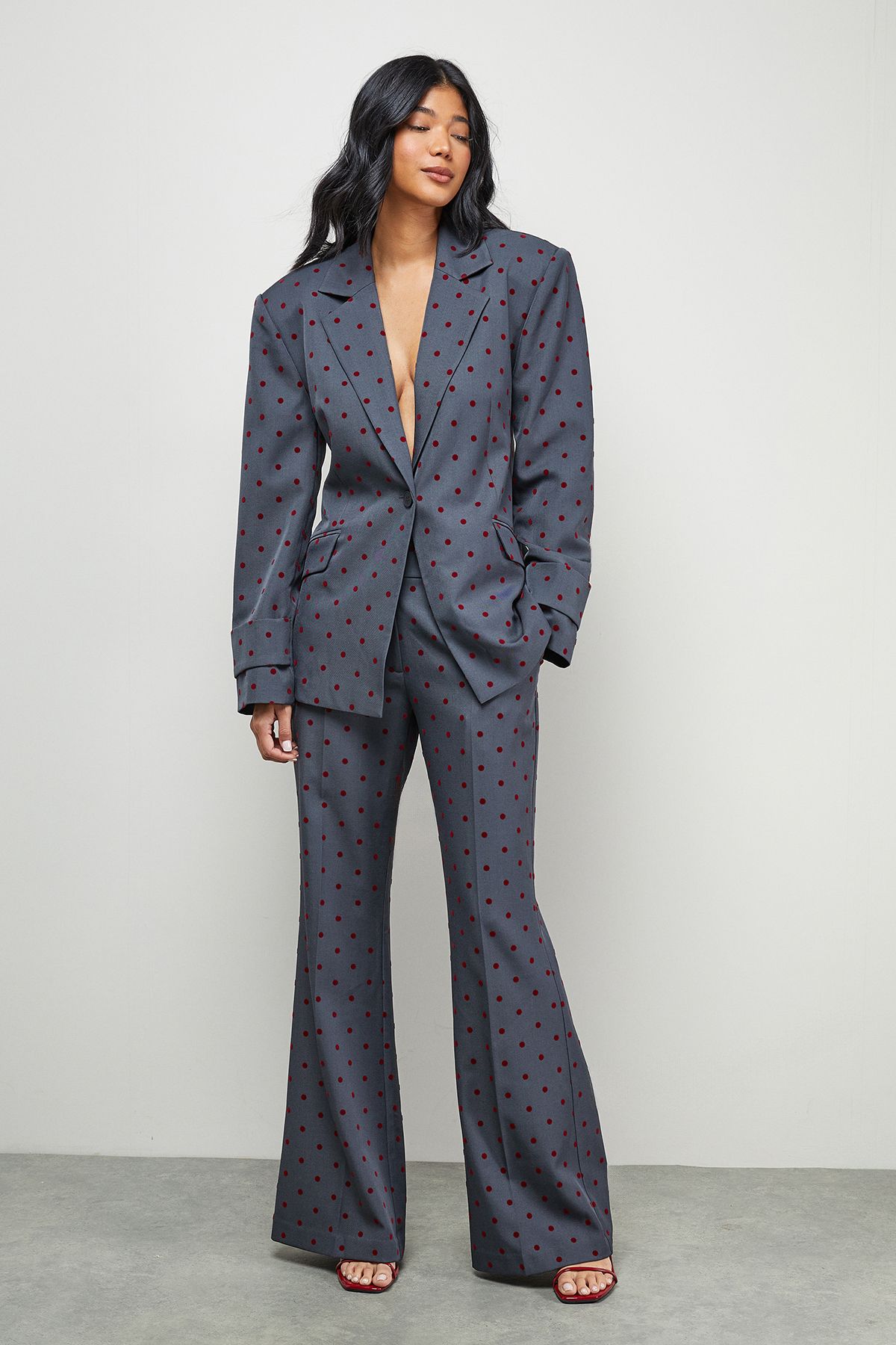 Warehouse Burgundy Velvet Spot High Waist Deep Waistband Trouser Co-Ord Grey image 5