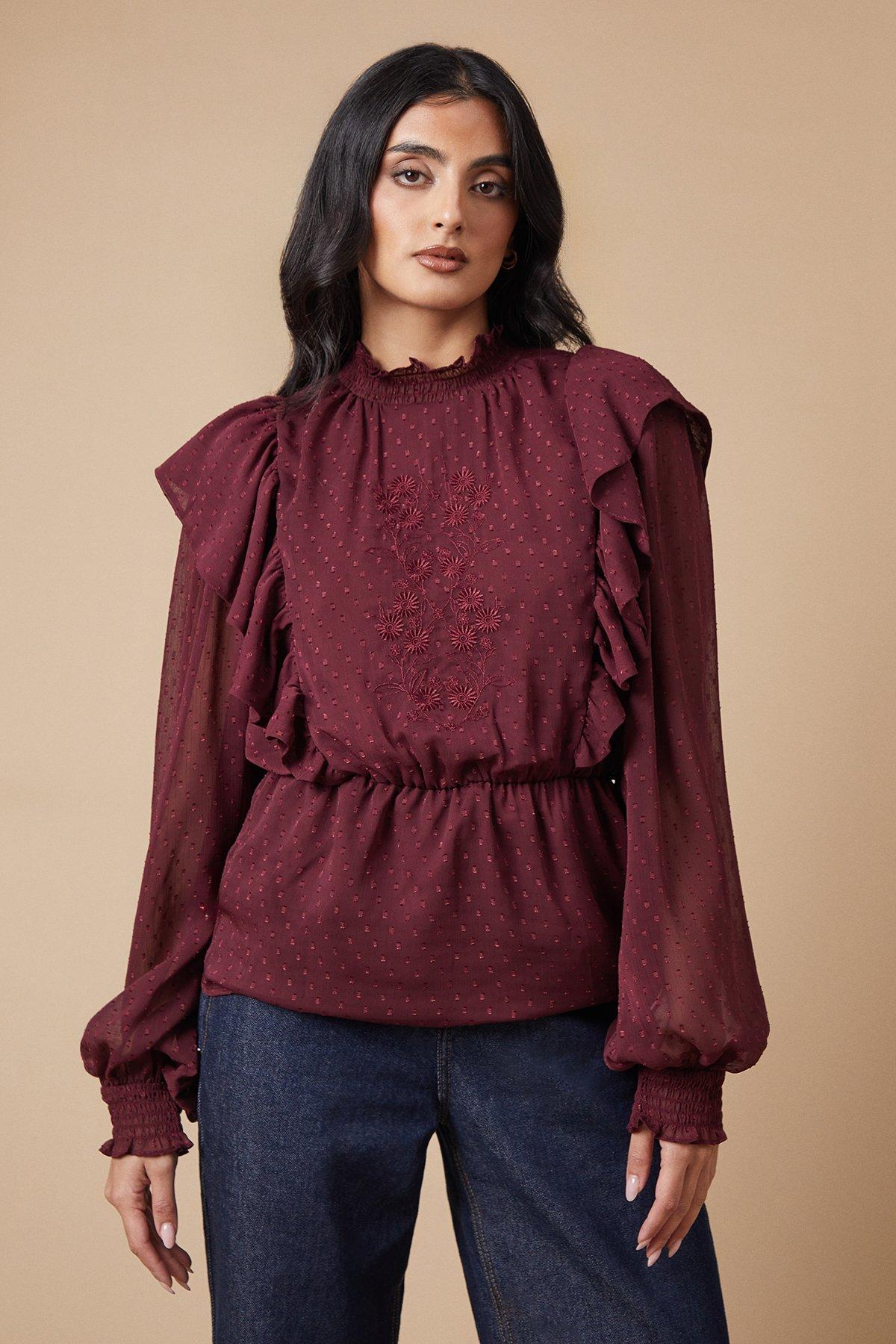 Oasis Embroidered Dobby Chiffon Blouse Raspberry image 2