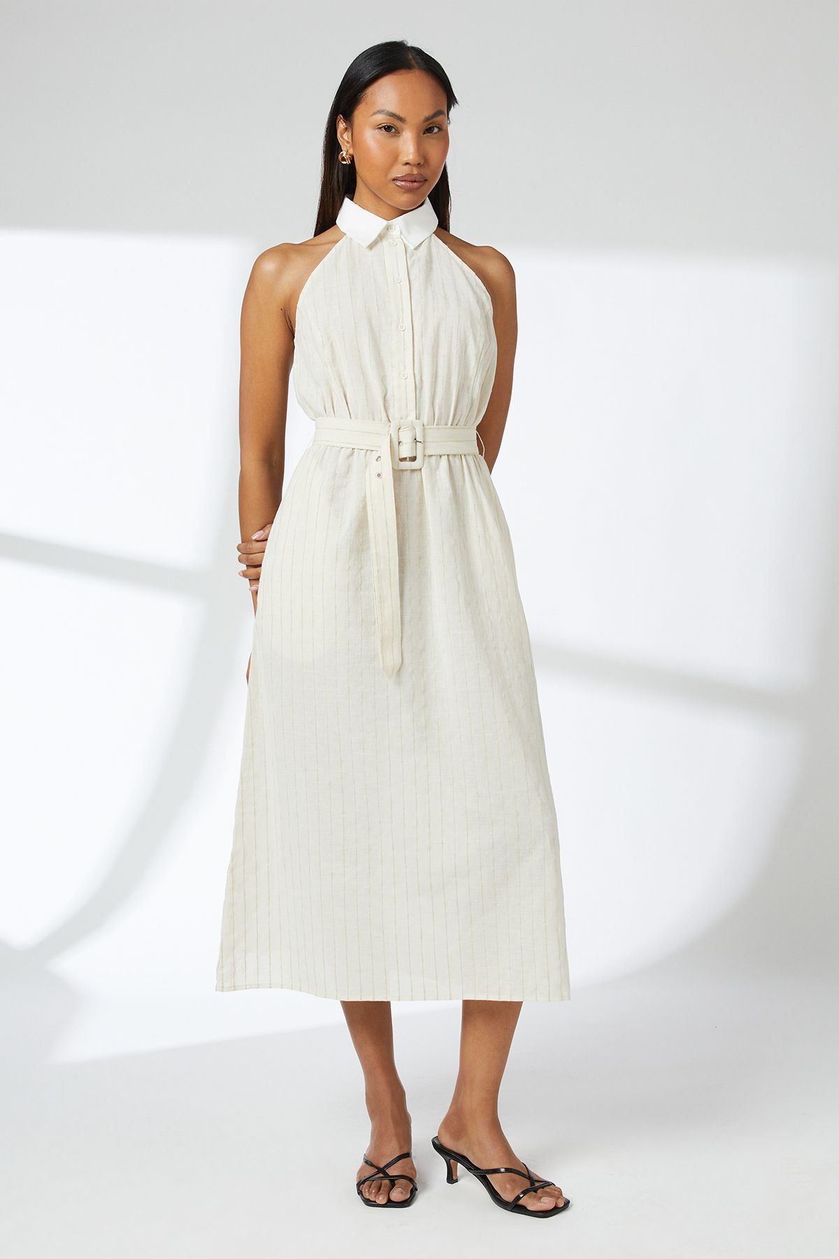 Principles Sand Pinstripe Collared Halterneck Midi Dress Sand image 4