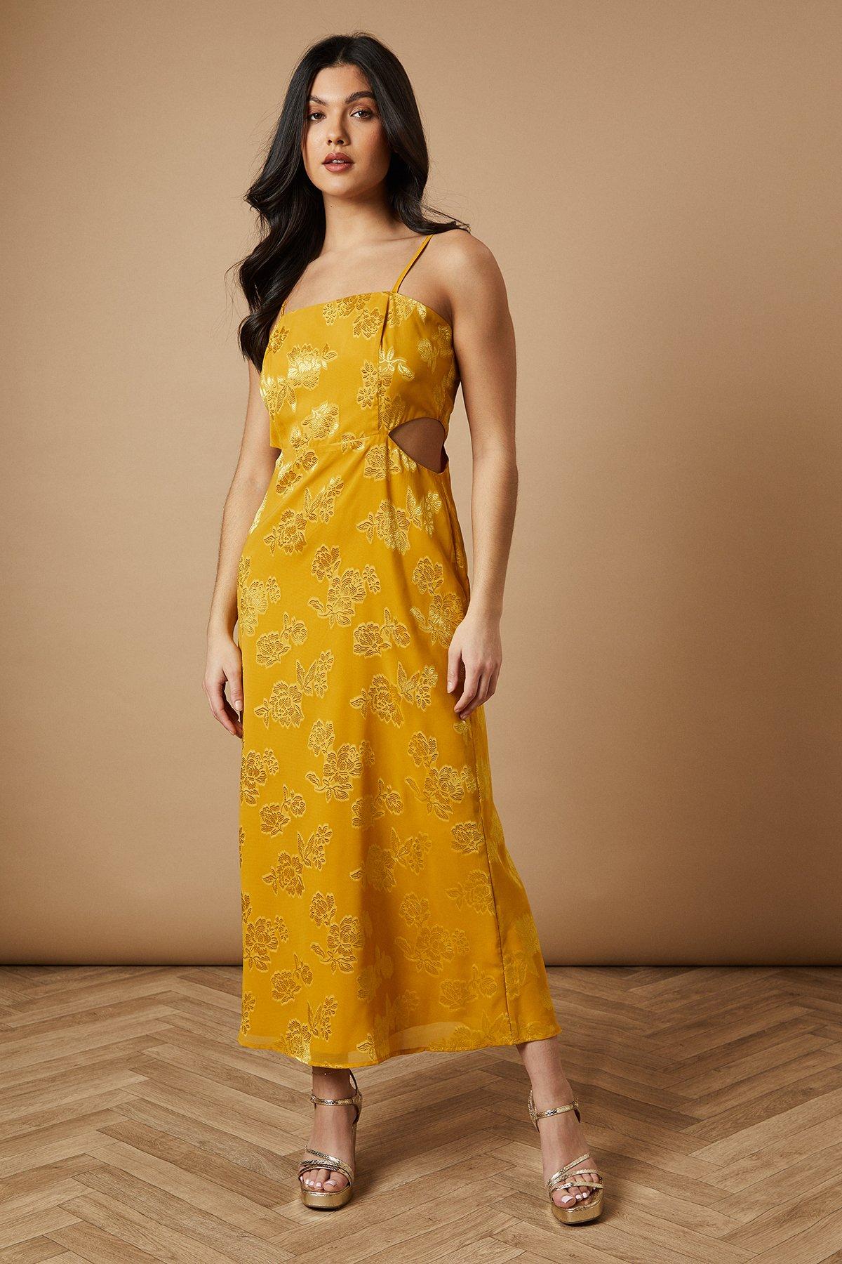 Oasis Jacquard Midi Cut Out Detail Dress Ochre image 1