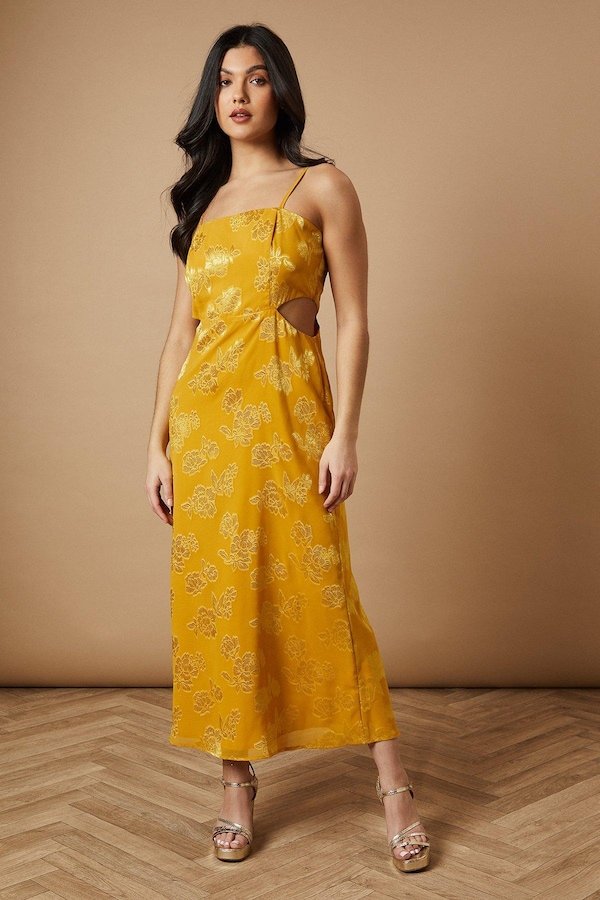 Oasis Jacquard Midi Cut Out Detail Dress Ochre
