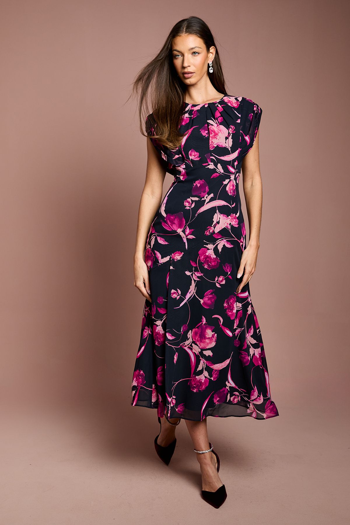 Coast Cap Sleeve Floral Chiffon Midi Dress Navy image 1