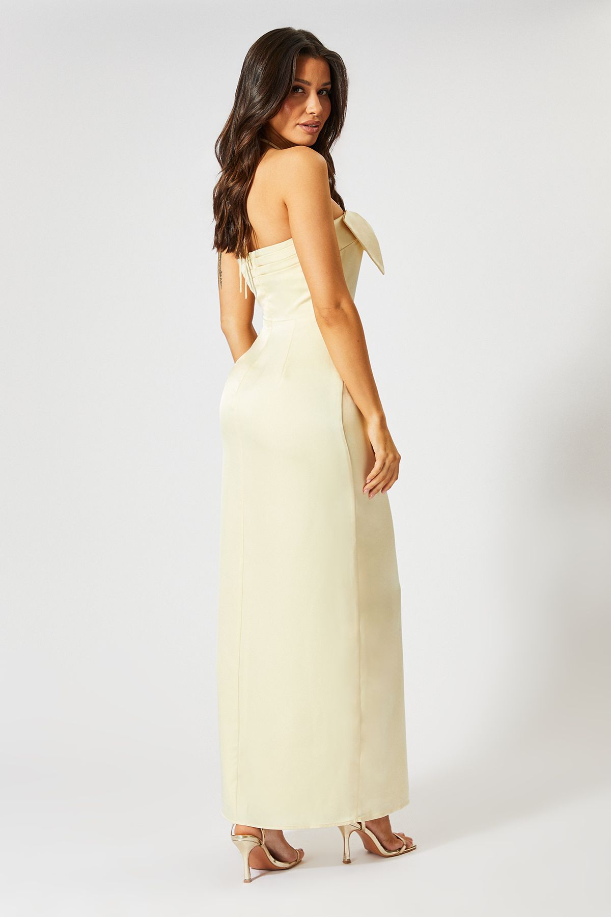 MissPap Satin Halter Neck Bow Maxi Dress Yellow image 4