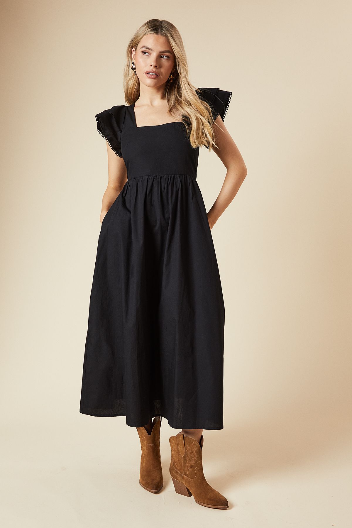 Dorothy Perkins Black Lace Trim Ruffle Sleeve Poplin Midi Dress Black