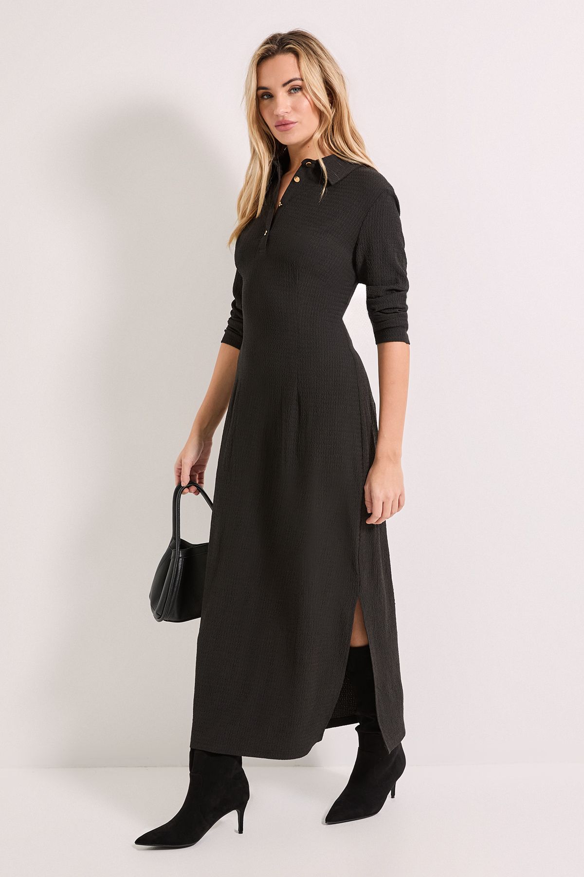 Dorothy Perkins Collar Detail Jersey Long Sleeve Midi Dress Black