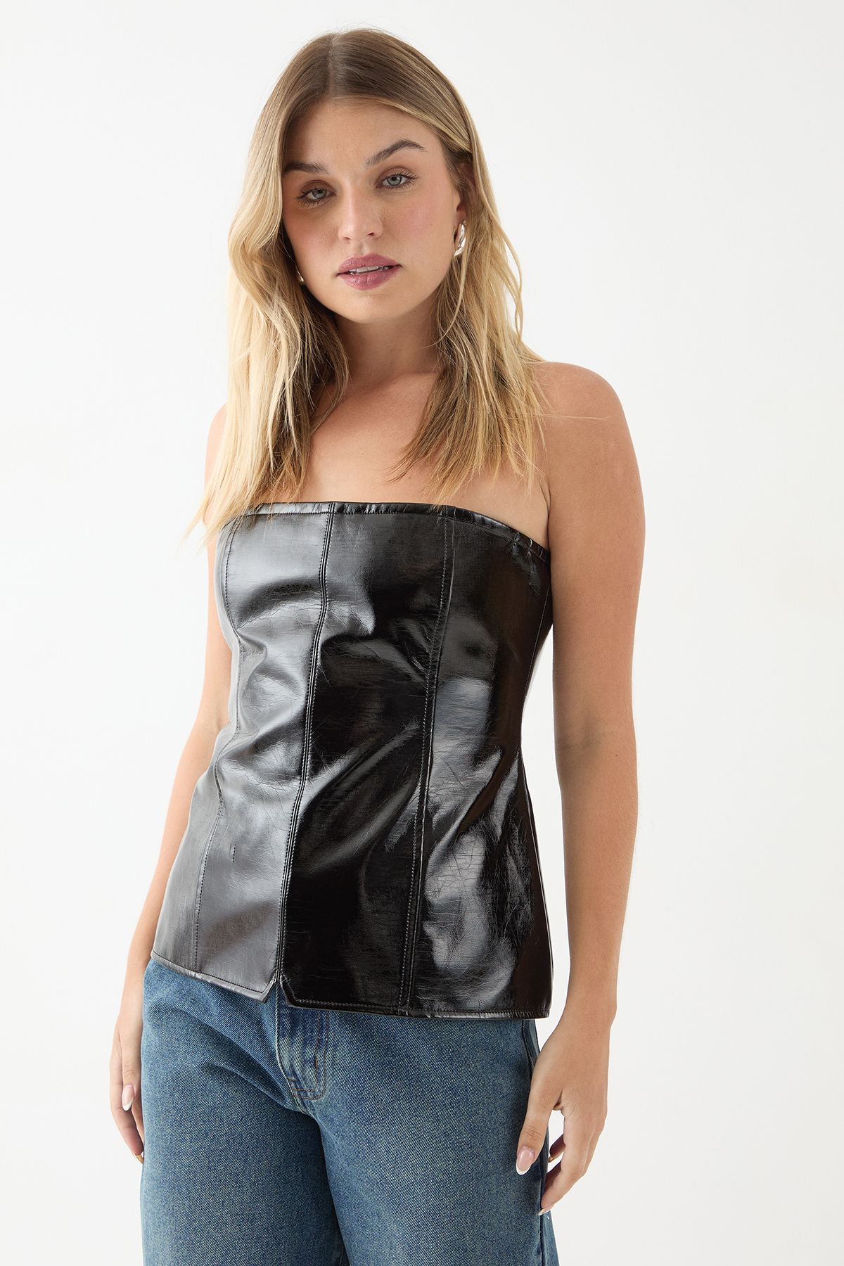 MissPap Tailored Faux Leather Bandeau Top Black image 2