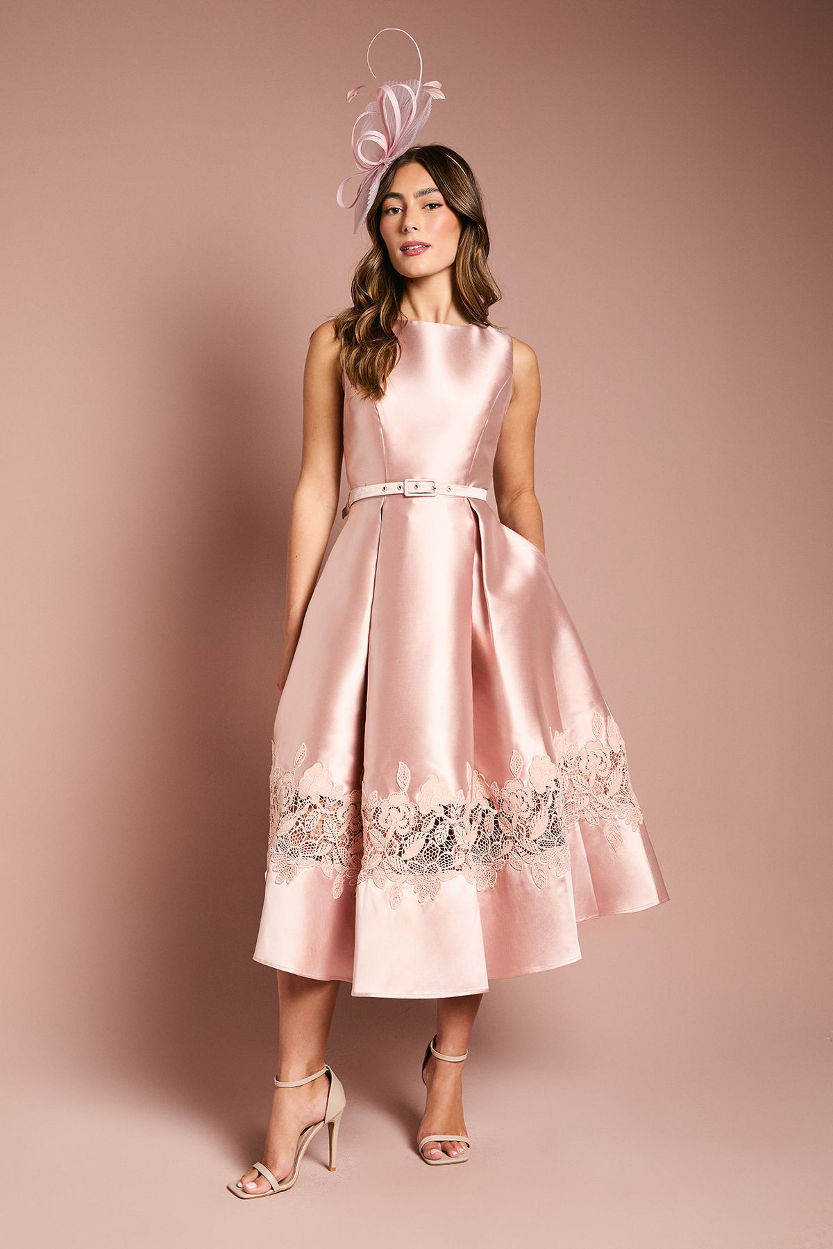 Coast Sleeveless Twill Midi Dress With Lace Trim And Belt Pink
