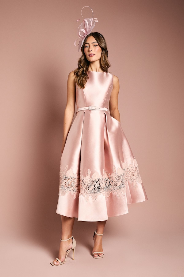Coast Sleeveless Twill Midi Dress With Lace Trim And Belt Pink