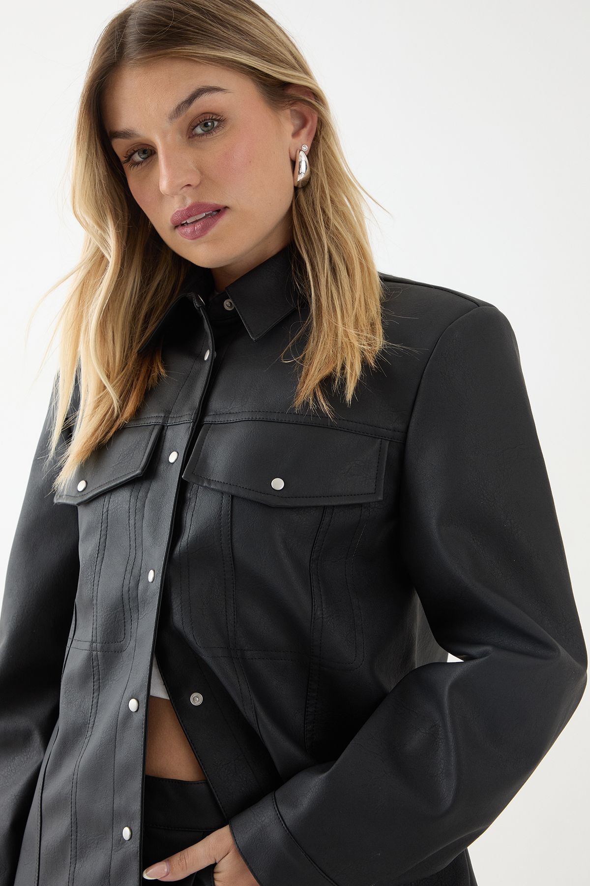 MissPap Faux Leather Shoulder Pad Shirt Black image 4