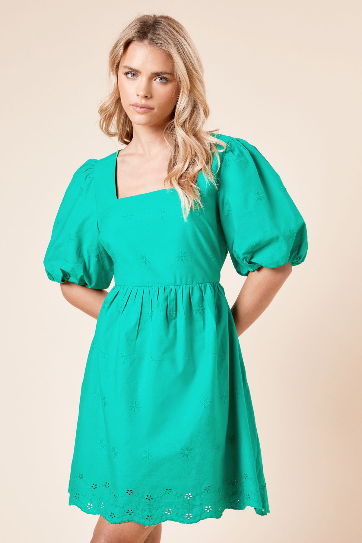 Dorothy Perkins Petite Embroidered Square Neck Mini dress Green image 1