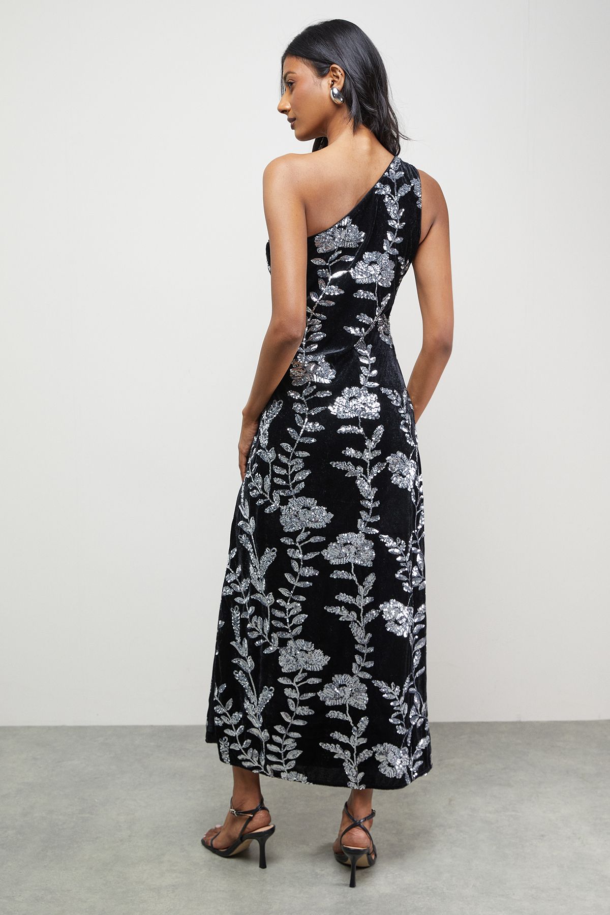 Warehouse Velvet Sequin One Shoulder Midi Dress Silver image 3