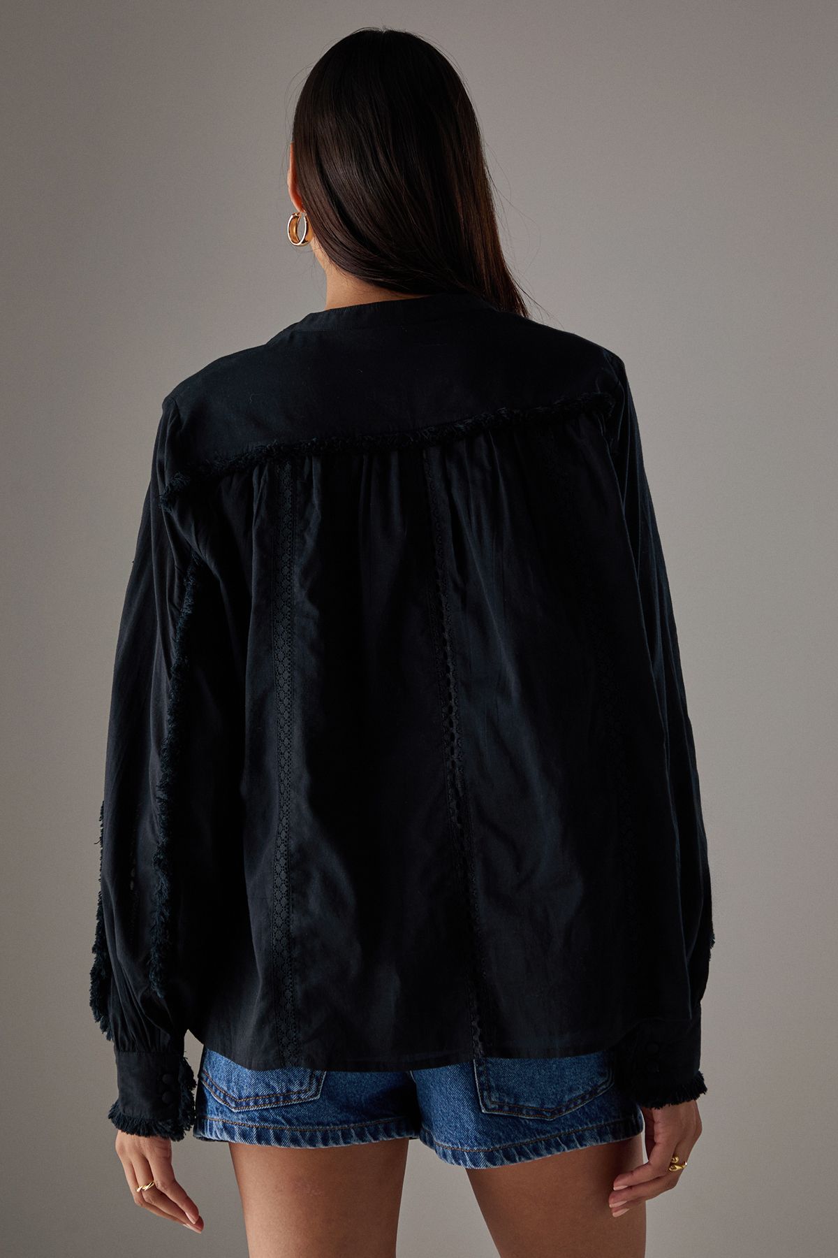 Warehouse HCD Cotton Lace Trim Insert Boho Blouse Black image 3