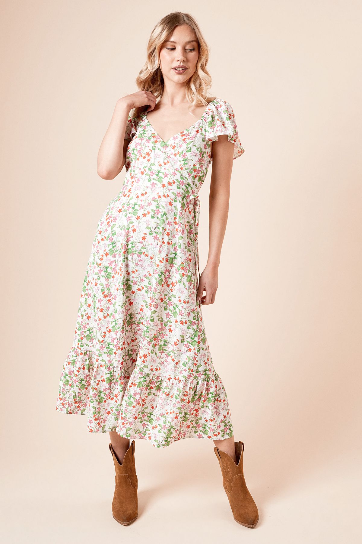 Dorothy Perkins Floral Wrap Front Frill Sleeve Tiered Midi Dress Floral image 1