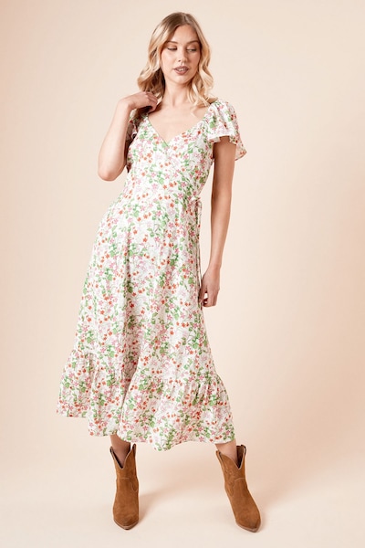 Dorothy Perkins Floral Wrap Front Frill Sleeve Tiered Midi Dress Floral