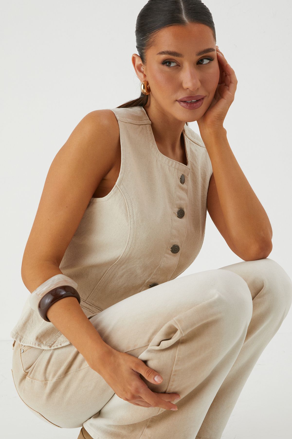 MissPap Button Down Longline Denim Waistcoat Ecru image 4