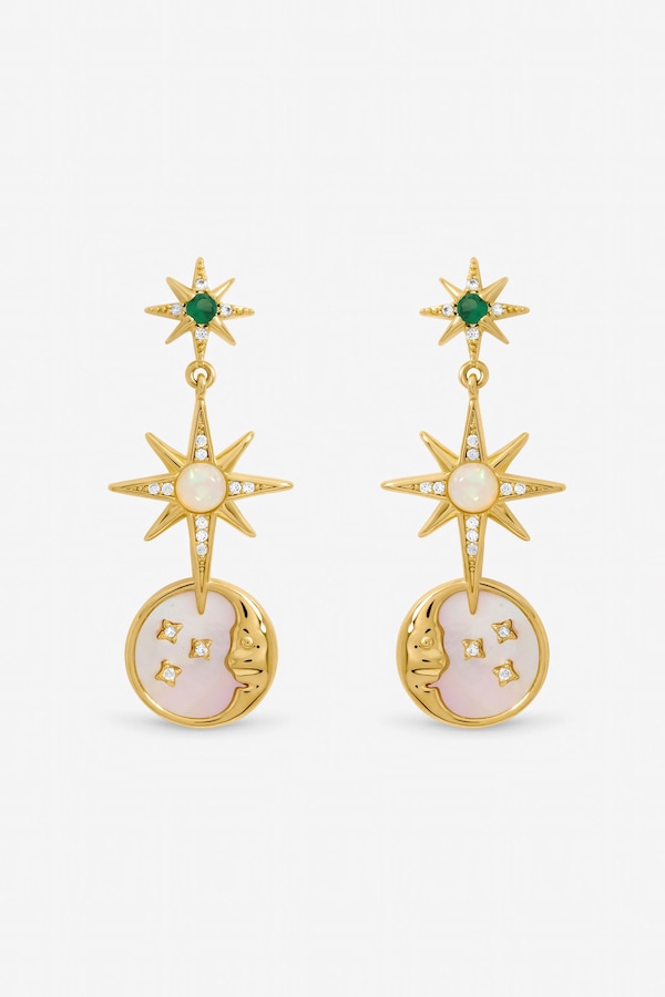 Inicio Gold Plated Emerald & Mother of Pearl Celestial Earrings - Gift Pouch