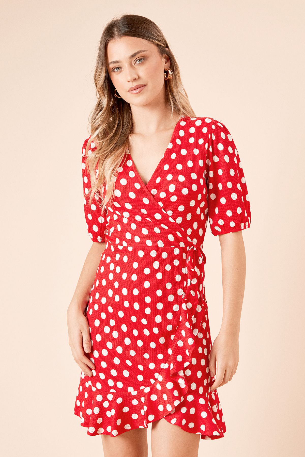 Dorothy Perkins Spot Puff Sleeve Jersey Mini Wrap Dress Red image 2