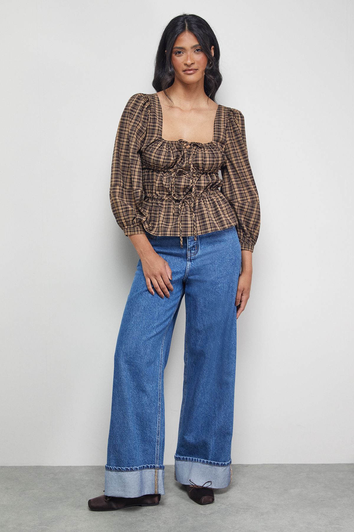 Warehouse Check Tie Front Square Neck Blouse Brown image 2