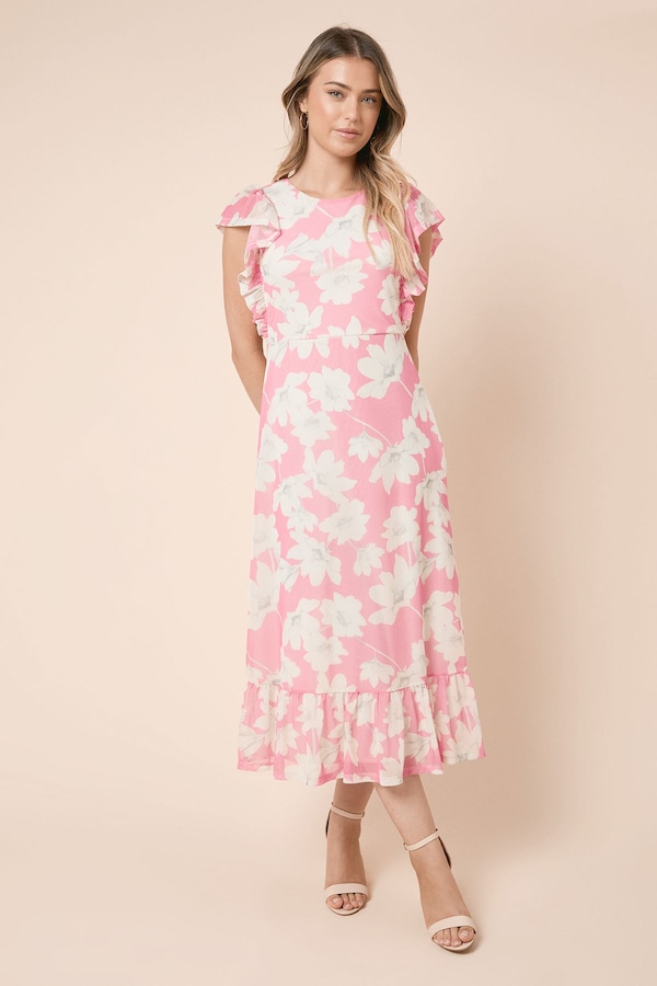 Dorothy Perkins Pink Frill Sleeve Belt Detail Mesh Jersey Midi Dress Pink