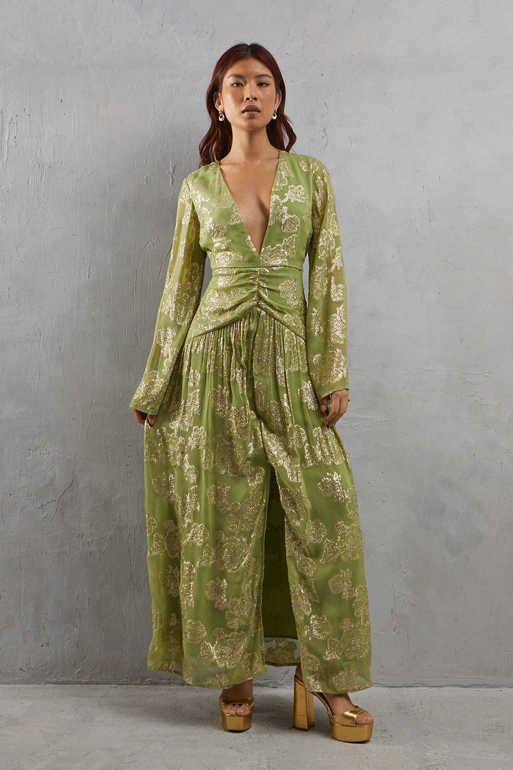 Warehouse Metallic V Plunge Maxi Dress Lime image 1