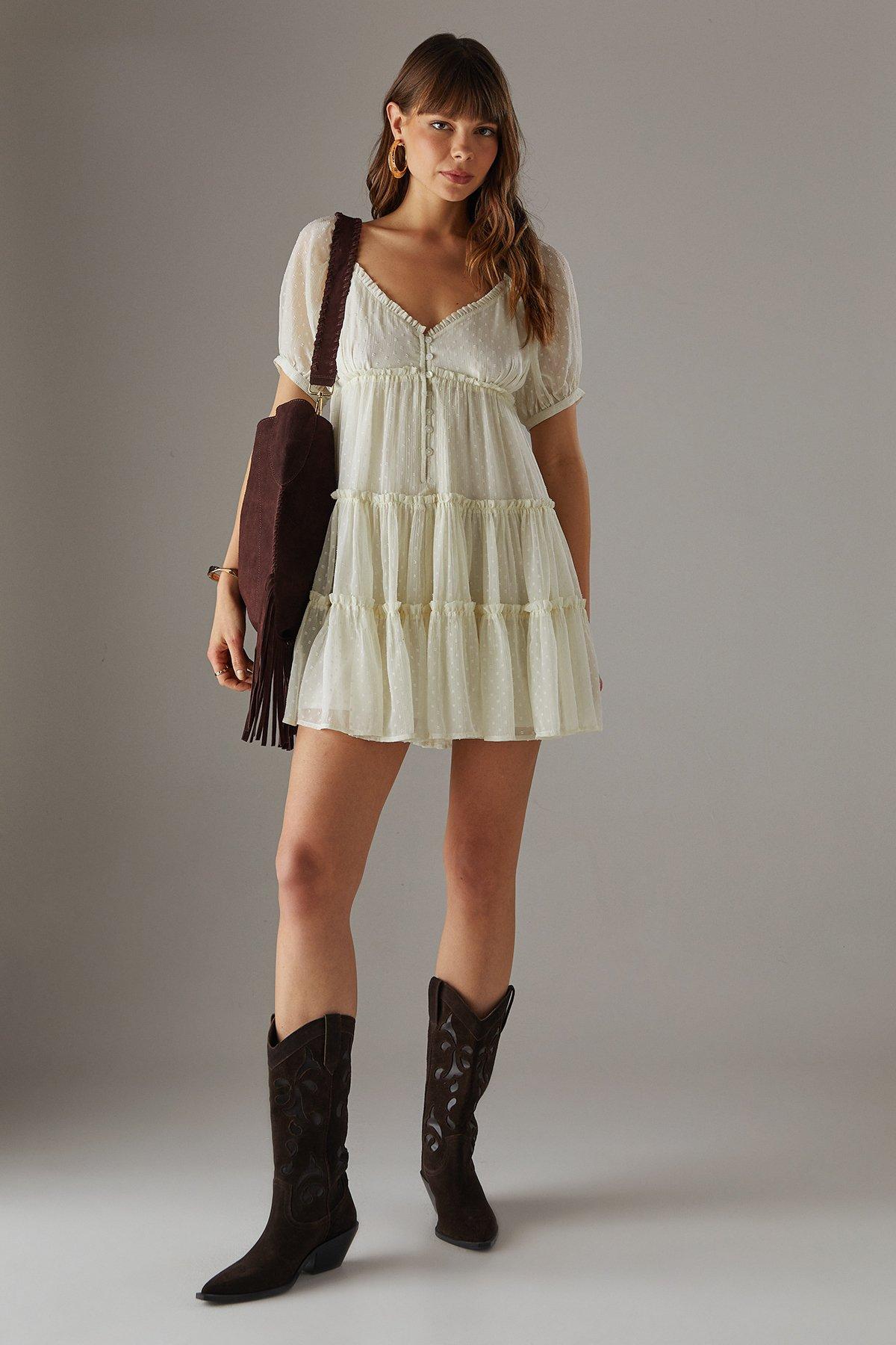 Warehouse Dobby Chiffon Button Mini Smock Dress Cream image 2
