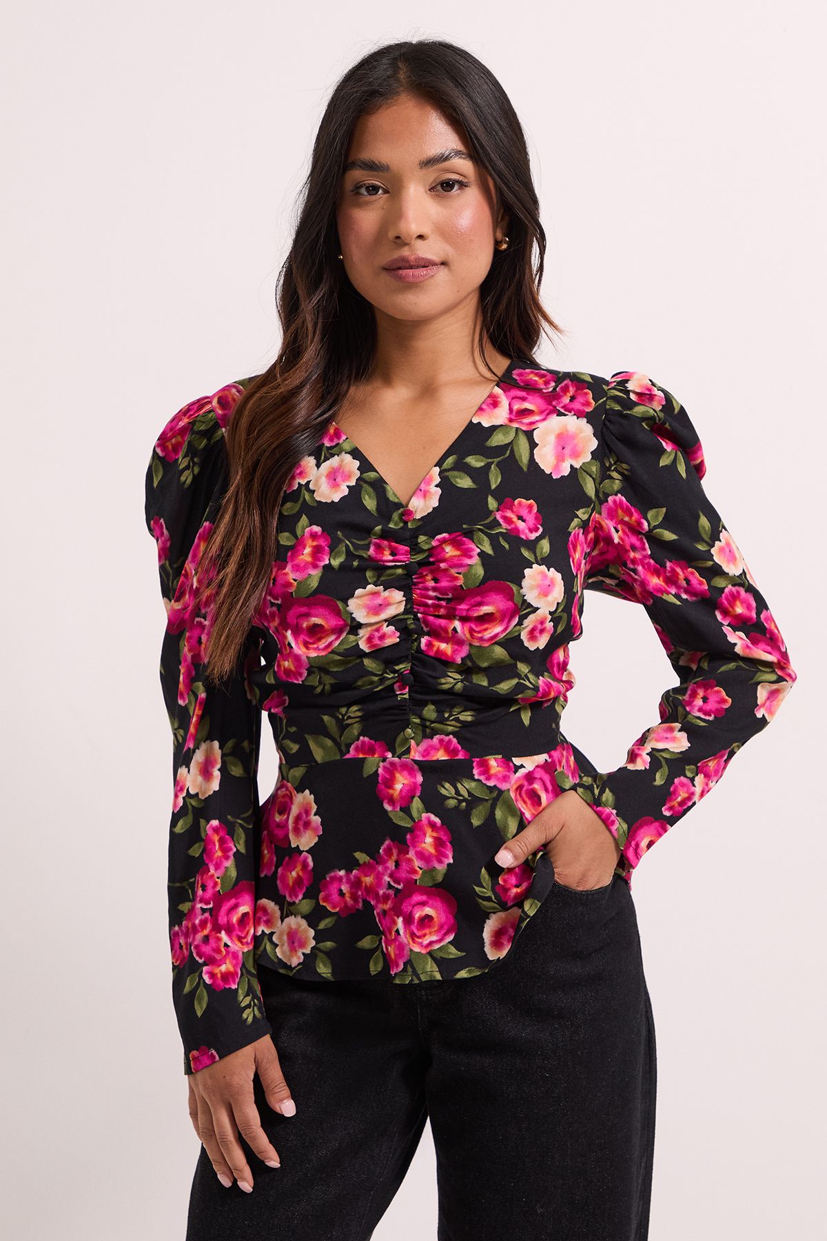 Dorothy Perkins Petite Button Detail Printed Peplum Blouse Floral Floral image 1