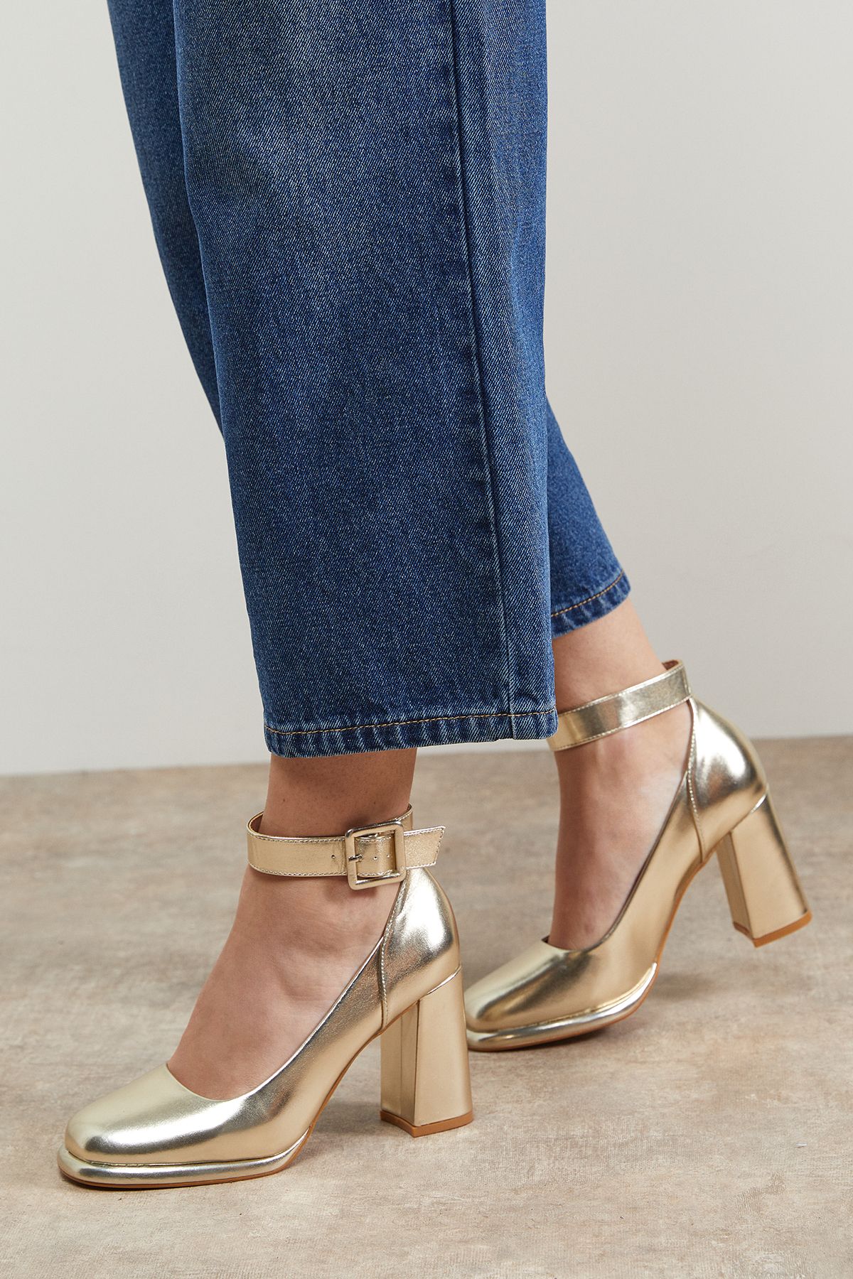 Oasis Celine Faux Leather Covered Buckle High Block Heel Platform Court Shoes Gold image 1