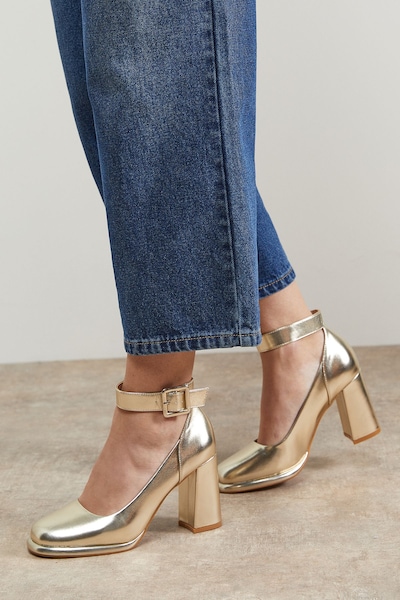 Oasis Celine Faux Leather Covered Buckle High Block Heel Platform Court Shoes Gold