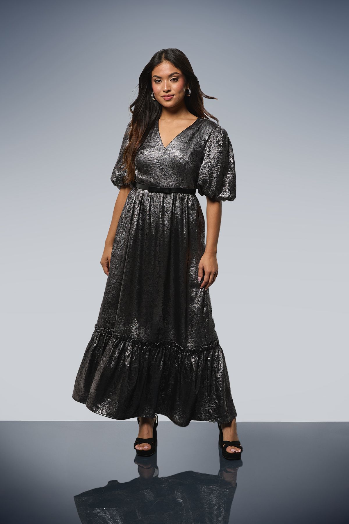 Dorothy Perkins Petite DP Luxe Metallic Puff Sleeve Tiered Maxi Dress Silver image 1