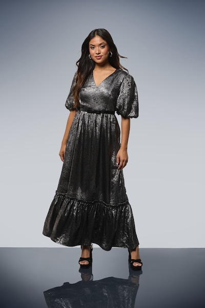 Dorothy Perkins Petite DP Luxe Metallic Puff Sleeve Tiered Maxi Dress Silver