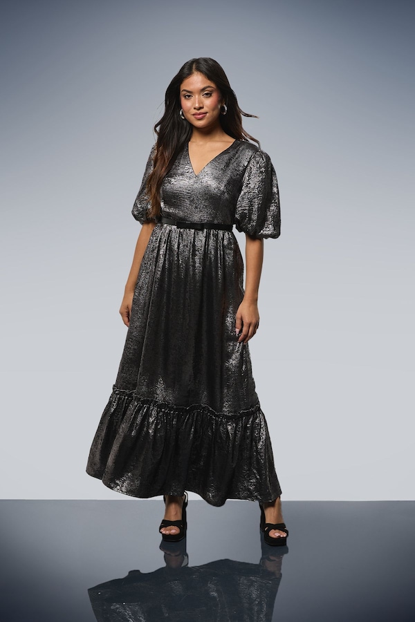 Dorothy Perkins Petite DP Luxe Metallic Puff Sleeve Tiered Maxi Dress Silver