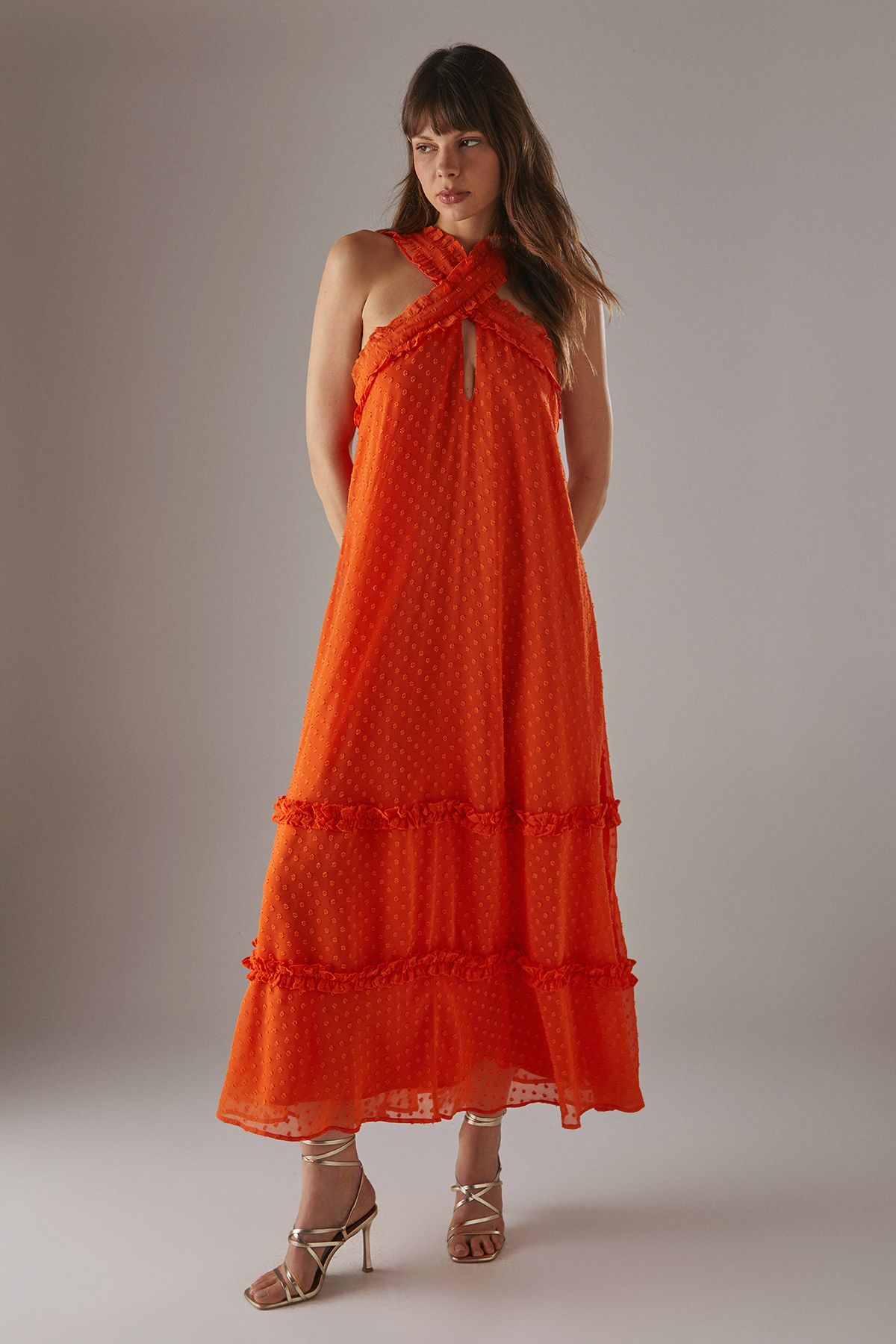 Warehouse Dobby Chiffon Frill Halter Tier Ruffle Maxi Dress Orange image 1