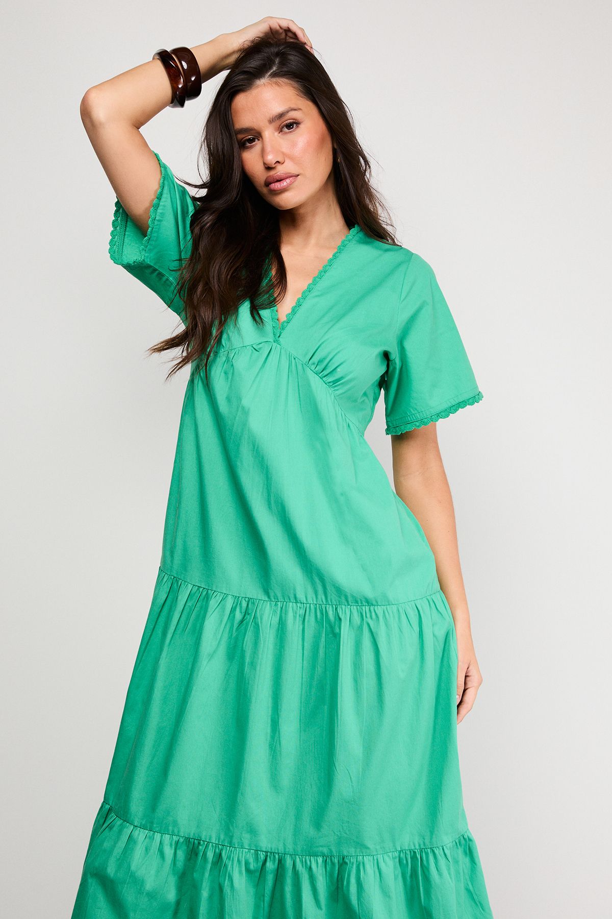 Warehouse Petite Poplin Whipstitch Trim Midi Smock Dress Green image 2
